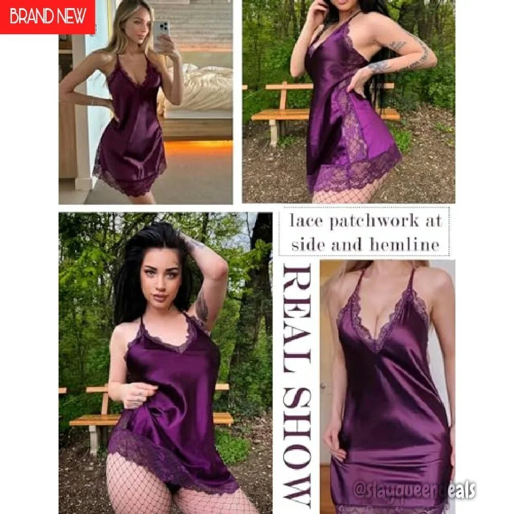 Satin Lace Chemise Nightgown Sleepwear Adjustable Straps S-4XL